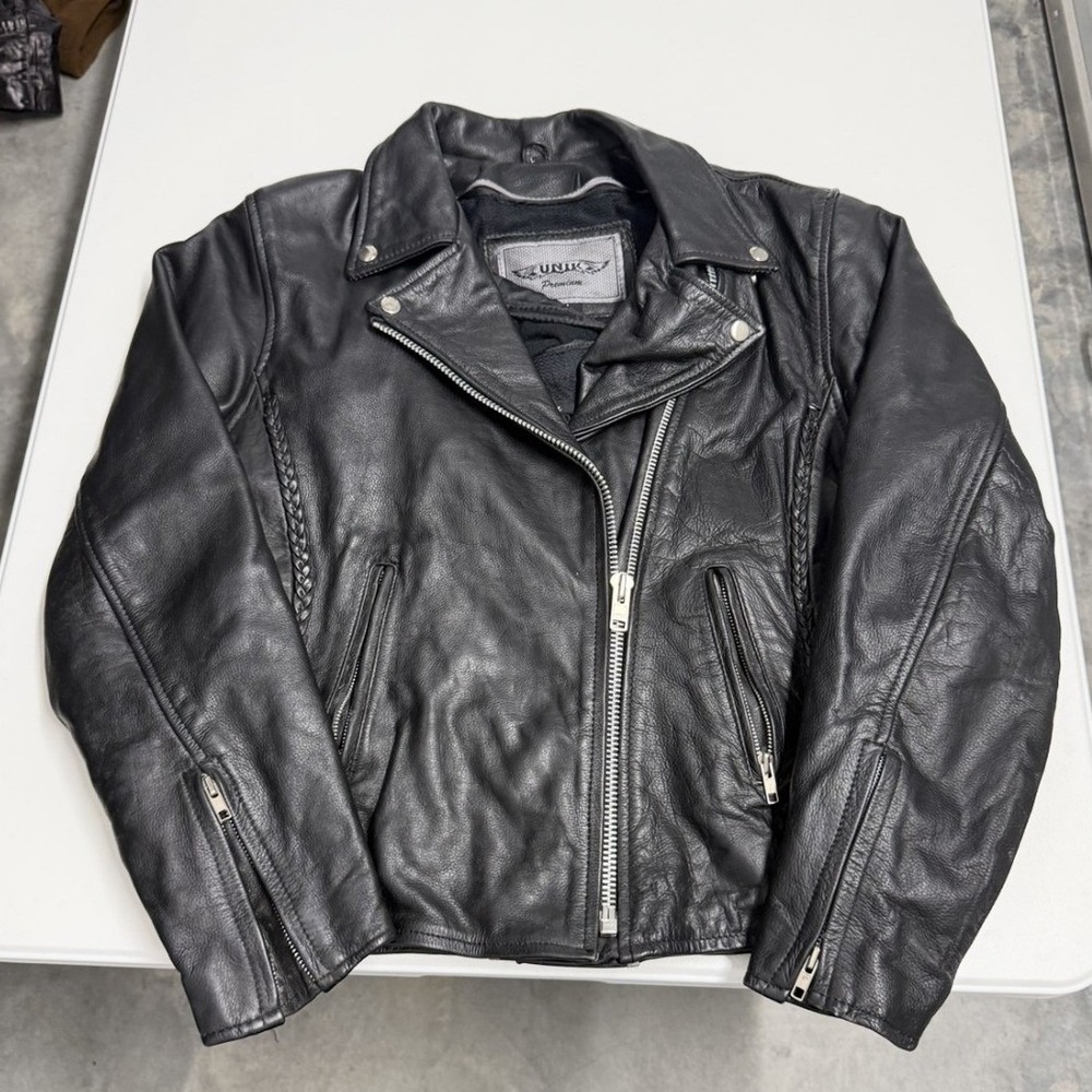UNIK Leather Motorcycle Jacket womans L Black Good Braided Trim Biker Moto